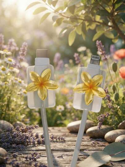 2PCS 3D Cute Plumeria Data Cable Protector, Transparent Crystal Flower Charging Cable Protector Anti-Breakage, Resin Material, No Battery Required, Suitable For Type-C To Type-C, 3D Plumeria Data Cable Protector, Summer Vibe Charging Accessory