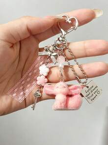 Gentle Fox Alloy Pendant Keychain, Vintage Key Charm With Lace Ribbon, Exquisite Bag Accessory, Best Friend Gift, Niche INS Style Pink Keychain, Girl's Backpack Charm, Portable Accessory - Pink - View 7