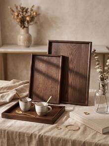 1pc/2pcs Wooden Serving Tray Set, Rectangular Wood Decor Tray For Kitchen Dining Table, Coffee Table, Countertop, Breakfast Tea Snack Platter, Bathroom Vanity Perfume Cosmetic Storage Organizer Tray - Coffee Brown - View 3