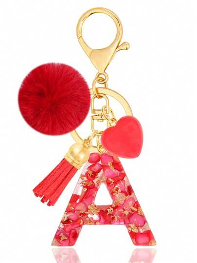 Cute Initial Red Heart Gold Foil Stone Tassel Pom Pom Keychain Resin Drip Glue Minimalist Personalized Key Chain For Women Bags Daily Wear And Gift