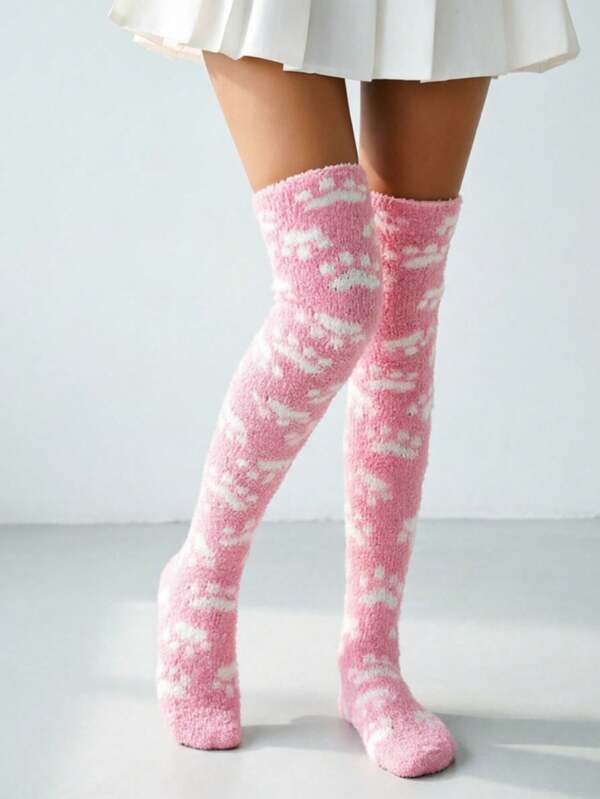 1 Pair Of Cat Paw Pattern Knee High Socks, Coral Fleece Long Tube Socks For Women Thickened High Socks