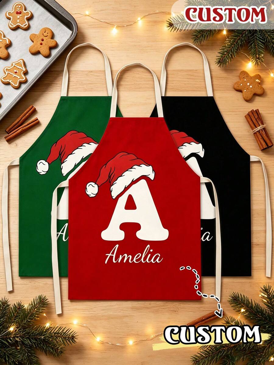 1pc Personalized Christmas Chef Apron, Customized Name And Text Holiday Cooking Apron, Christmas Baking Gift For Bakers, Chefs And Cooking Enthusiasts, Holiday Kitchen Accessory, Suitable For Home Cooking And Holiday Parties - Multicolor - View 1