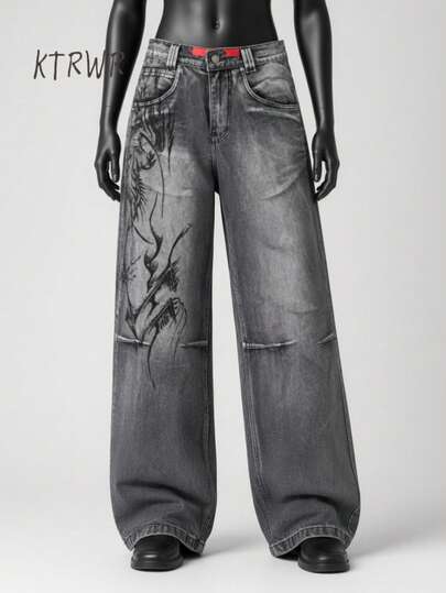 Y2K Dark Grunge Washed Grey Wide-Leg Jeans Hip Hop Streetwear Casual Pants Punk Hip Hop Skateboard Street Pants