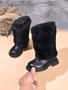 Children's Fashion New Long Fur Trim Soft Leather Boots - Black - View 1
