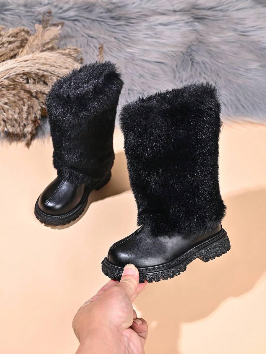 Children's Fashion New Long Fur Trim Soft Leather Boots - Black - View 1