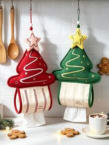 1PC Red Green Christmas Tree Pattern Hanging Tissue Holder, Festive Cute Corduroy Fabric Tree‑Shaped Tissue Dispenser, Star Embroidery With Hanging Loop, Space‑Saving Wall‑Mount Tissue Pouch For Xmas Home Living Room Christmas Party Decor Use - Multicolor - View 2