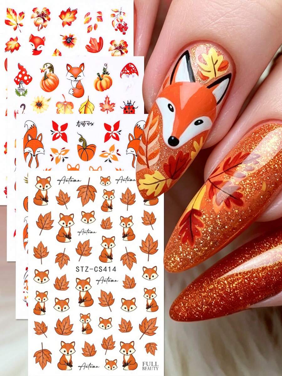 FULL BEAUTY 2/4pcs Autumn Red Maple Leaf & Fox Nail Stickers, Includes Floral, Pumpkin, Red Fox, Autumn Leaves, Colorful Lights Nail Decals, Autumn Nail Art Decoration DIY Thanksgiving Nail Supplies - Multicolor - View 1