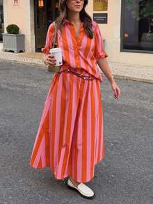 2pcs Plus Size New Fashion Elegant Striped Bohemian Casual Women's Set Beach Vacation Daily Date Street All Seasons - Orange Pink - View 1