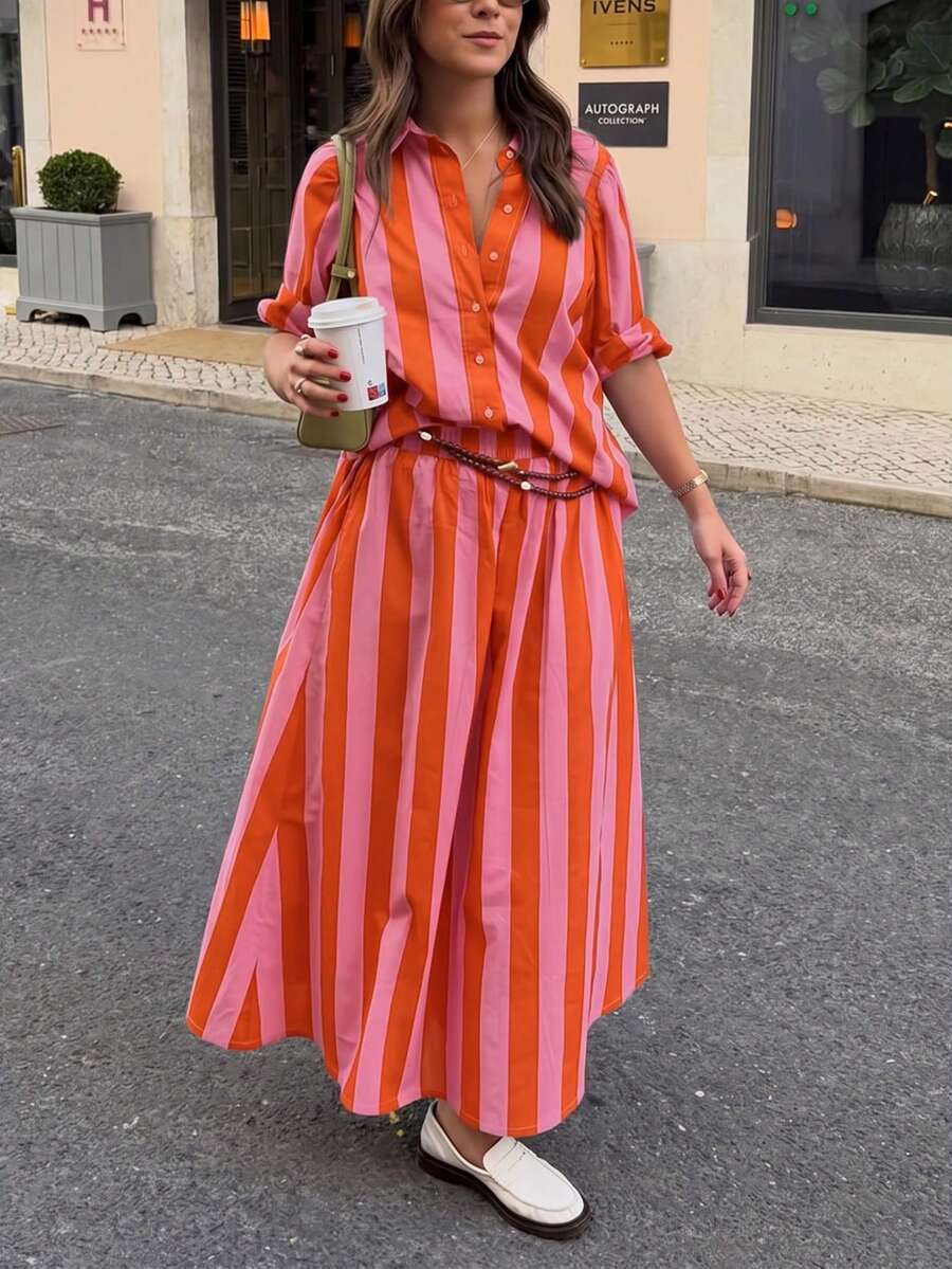 2pcs Plus Size New Fashion Elegant Striped Bohemian Casual Women's Set Beach Vacation Daily Date Street All Seasons - Orange Pink - View 1