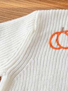 Girls' Halloween Pumpkin Embroidered Crew Neck Long Sleeve Sweater, Chunky Knit Texture, Sweet & Playful Casual Versatile Pullover, Suitable For Daily Wear, Parties, Spring/Autumn/Winter - Apricot - View 4