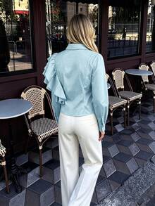 Women's Fashion Elegant Zipper Long Sleeve Jacket, Asymmetric Ruffle Layered Design, Spring/Autumn Style, Suitable For Daily Wear And Travel - Baby Blue - View 3