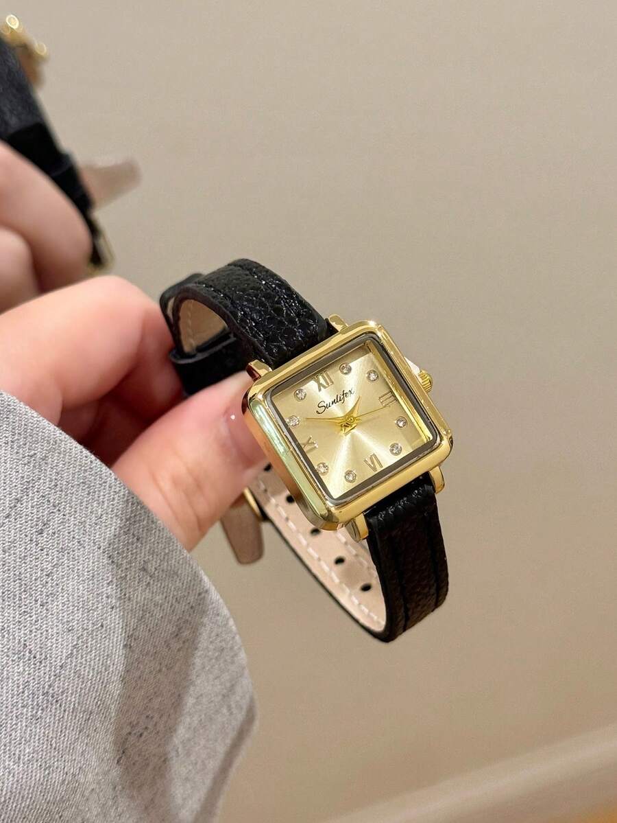 1件女款橢圓羅馬數字休閒優雅石英手錶,適合日常配戴 - 黑色 - 查看 1