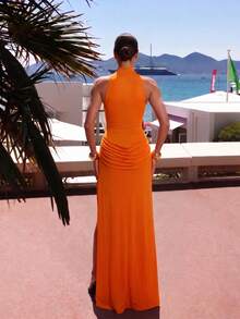 Elegant Strapless Oversized 3D Floral Pattern Beaded Ribbon Sequin Dress - Coral Orange - View 6
