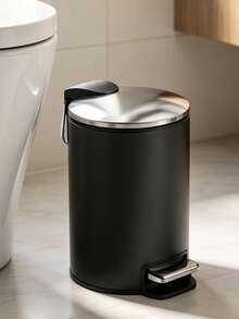 3L/5L Color Block Matte Black Metal Trash Can With Lid, Stainless Steel Foot Pedal Waste Bin, Large Capacity Round Wastebasket For Home Living Room Bedroom Bathroom Kitchen Office Storage - View 1