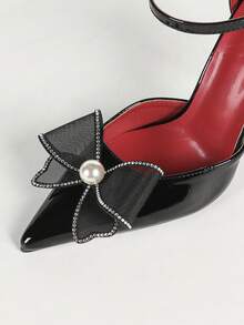 Women's Black Pointed Toe Single Strap High Heel Sandals With Mesh, Rhinestones, Bow, Pearls, Stiletto Heel, Hollow Design, Fairy Style, Bridesmaid Shoes, Date, Formal Dress, Shoes - Black - View 3