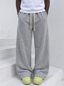 American Retro Wide Leg Sweatpants For Men, Loose Drape Concealing And Slimming, Drawstring High Waist Design Suitable For Various Body Types. Versatile For Daily Commute, Streetwear, Fashionable Men's Casual Long Pants - Light Grey - View 6