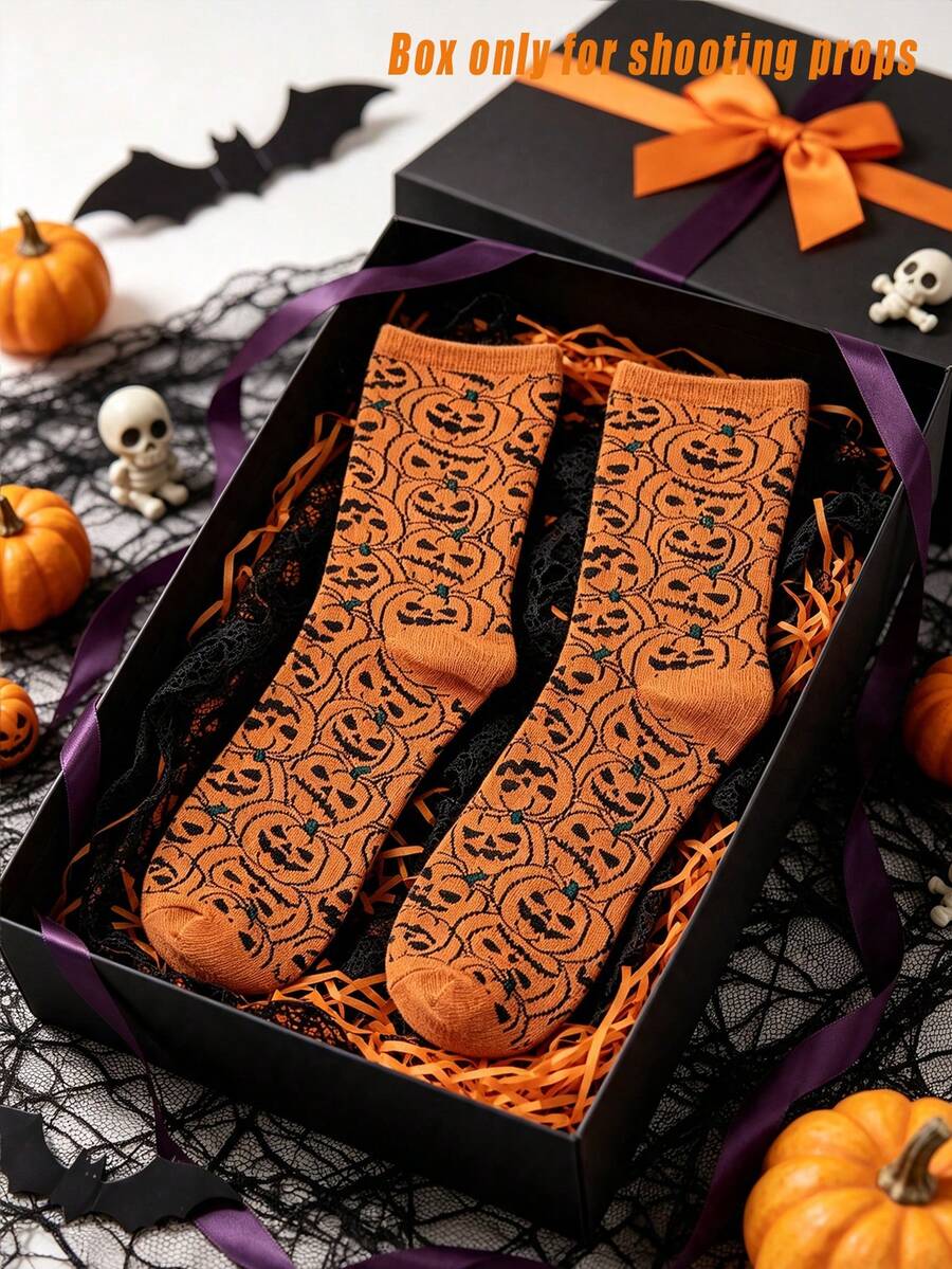 1 Pair Women's Halloween Mid-Calf Socks, Full Coverage Cute Pumpkin Print, Thick Warm Winter Socks, Ideal Choice For Halloween Party Outfit - Multicolor - View 1
