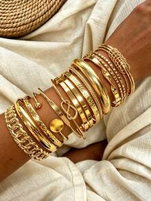 15/10/5pcs Vintage Luxurious Old Money Style Knotted Pattern Smooth Gold Bracelet Set, Suitable For Women's Daily Wear, Party, Vacation, Gift - Gold - View 2