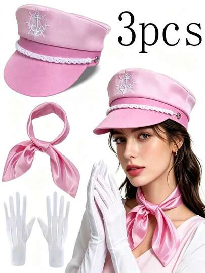 3pcs Pink Sailor Captain Costume Accessories Set, Vintage Nautical Navy Style, Unisex, Suitable For Role Play, Theme Party, Costume Party, Stage Performance, Carnival And Halloween Events