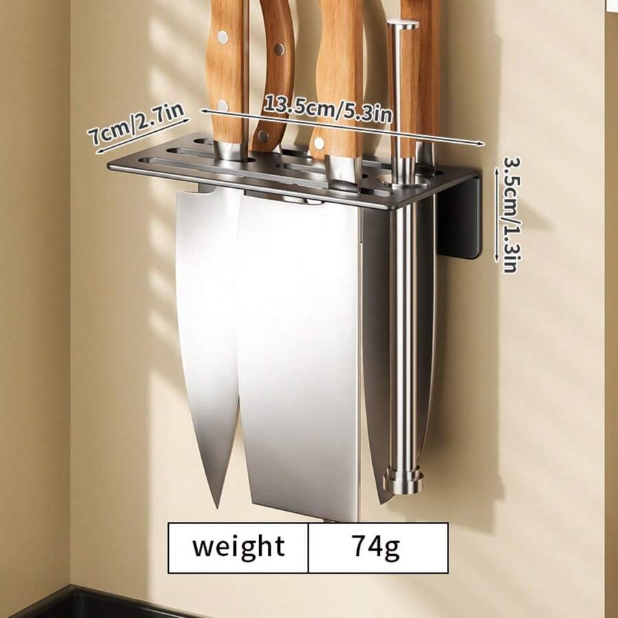 1pc Wall-Mounted Stainless Steel Knife Rack - Multi-Slot Kitchen Knife Storage Rack, No-Drill Wall Shelf, Space-Saving Home Knife Display Rack, Rust-Proof Kitchen Utensil Storage Rack - Grey - View 1