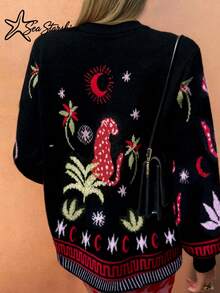 Sea Starshine Women's Casual Commute Straw Hat, Sun Print Leopard Long Sleeve Round Neck Cardigan With Amber Buttons, Autumn/Winter - Black - View 4