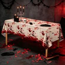 1pc/3pcs Halloween Bloody Handprint Theme Disposable Plastic Tablecloth, Suitable For Halloween Party, Escape Room Theme Gathering, Haunted House Event, Outdoor Picnic Party Decoration 137*274cm - Multicolor - View 5
