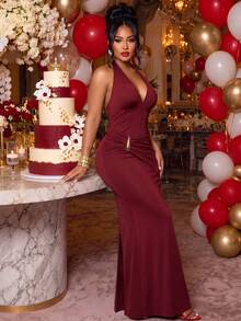 AIJ Fall Women's Long Dress, Legant Bodycon Fit With Ruched Bust,Slit In Stretchy Fabric For Formal Night Out Wedding Guest Party Dress Elegant Red - Red - View 8