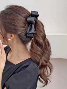 1pc Glossy Satin Ribbon Multi-Layer Bow Banana Hair Clip, Fashionable Elegant Hair Accessory, Suitable For Various Occasions - Black - View 3