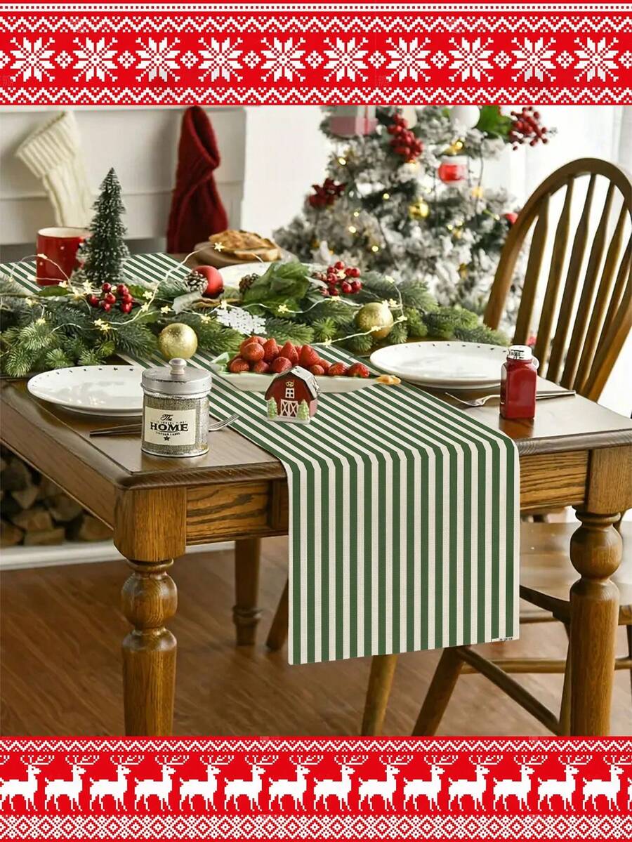 1pc,Minimalist Striped Table Runner,Protective Cover,Rectangular Tablecloth,Washable,Suitable For Home Dinner,Coffee Table,Kitchen And Dining Room Decor,Table Decor Party And Scene Decoration,Home Decor,Outdoor Patio Table Runner Decor,Entryway Decor,Fireplace Decor - Olive Green - View 1
