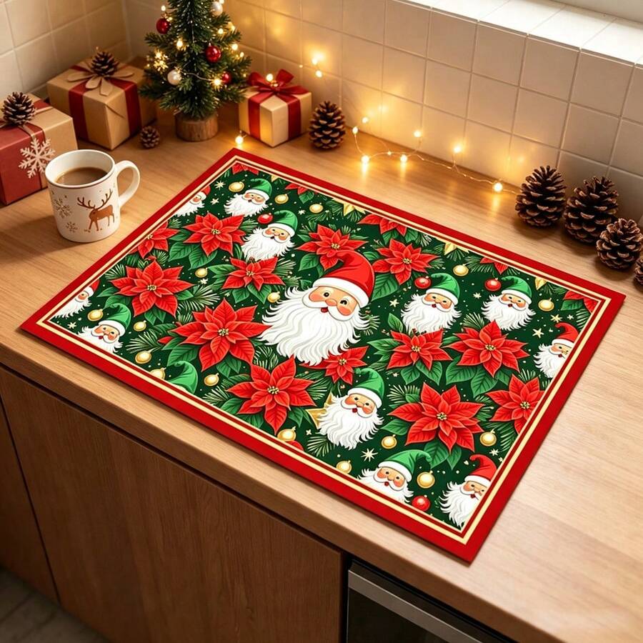 1pc Dish Drying Mat, Coffee Machine Mat, Christmas Dish Drying Mat, Christmas Flower & Santa Claus Pattern Kitchen Drain Mat, Absorbent Quick Dry Tabletop Protector, Holiday Atmosphere Suitable For Kitchen & Dining Table, Dish Water Control Mat, Home Gift, Tabletop Decor
