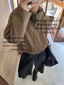 Autumn New Women's Short Motorcycle Jacket With Lining, Ribbed Waist Hem, Fashionable Stand Collar, Zip-Up Hooded College Style Jacket - Brown - View 11