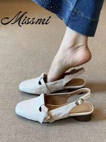 Sepatu Selop Wanita Musim Panas Model Baru dengan Hak Tebal, Ujung Datar, dan Ujung Persegi, Model Selop Tertutup - Krem - View 1