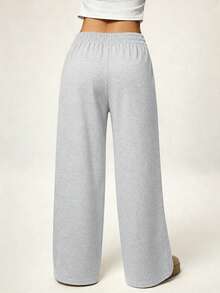 Plus Size Women's Gray Bowknot Print Wide Leg Sweatpants, Elastic Waist Loose Straight Leg Casual Sports Drawstring Long Pants - Light Grey - View 3