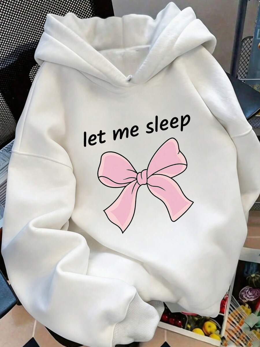 青少年女孩長袖連帽衛衣,趣味「Let Me Sleep」標語搭配粉色蝴蝶結圖案套頭運動衫,適合秋季日常穿著 - 白色 - 查看 1