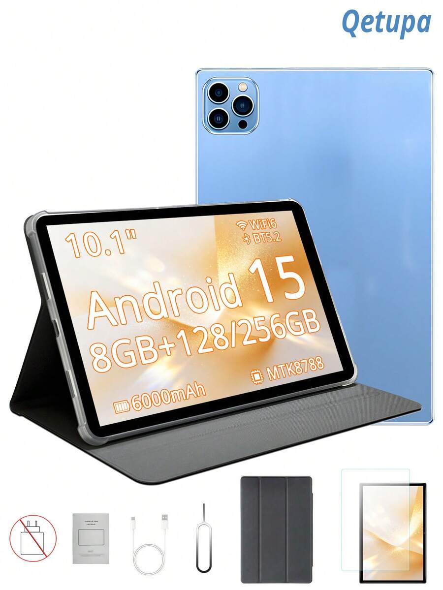 Qetupa 10.1 Inch Tablet, Includes Protective Case And Screen Protector, MTK8788 Processor, 8GB RAM + 128/256GB ROM (Supports 1TB Expansion), 1280x800 Touchscreen, 5MP Front Camera And 13MP Rear Camera, 6000mAh Battery, Bluetooth 5.2 (Charger Not Included) - Blue - View 1