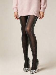 1 pieza Medias negras brillantes transparentes de alta elasticidad resistentes a enganches para mujer, leggings transparentes, adecuados para fiesta temática, atuendo de discoteca, combinar con botas de tobillo - Multicolor - Ver 7