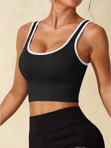 Women's Seamless Ribbed Knit High Elastic Contrast Trim U-Neck Sleeveless Sports Bra Gym Workout Top - Multicolor - View 6