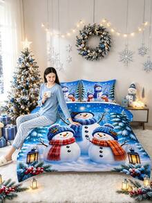 3pcs Christmas Theme, Blue Background Cute Snowman Christmas Pattern Bedding Set Quilt And Pillowcase 3 Pieces Set - Soft, Comfortable And Breathable Bedding, 200g Quilted Filling, Includes 1 Quilt And 2 Pillowcases (Pillow Inserts Not Included) - Perfect Choice For Home Or Dorm Christmas Decoration - Multicolor - View 6