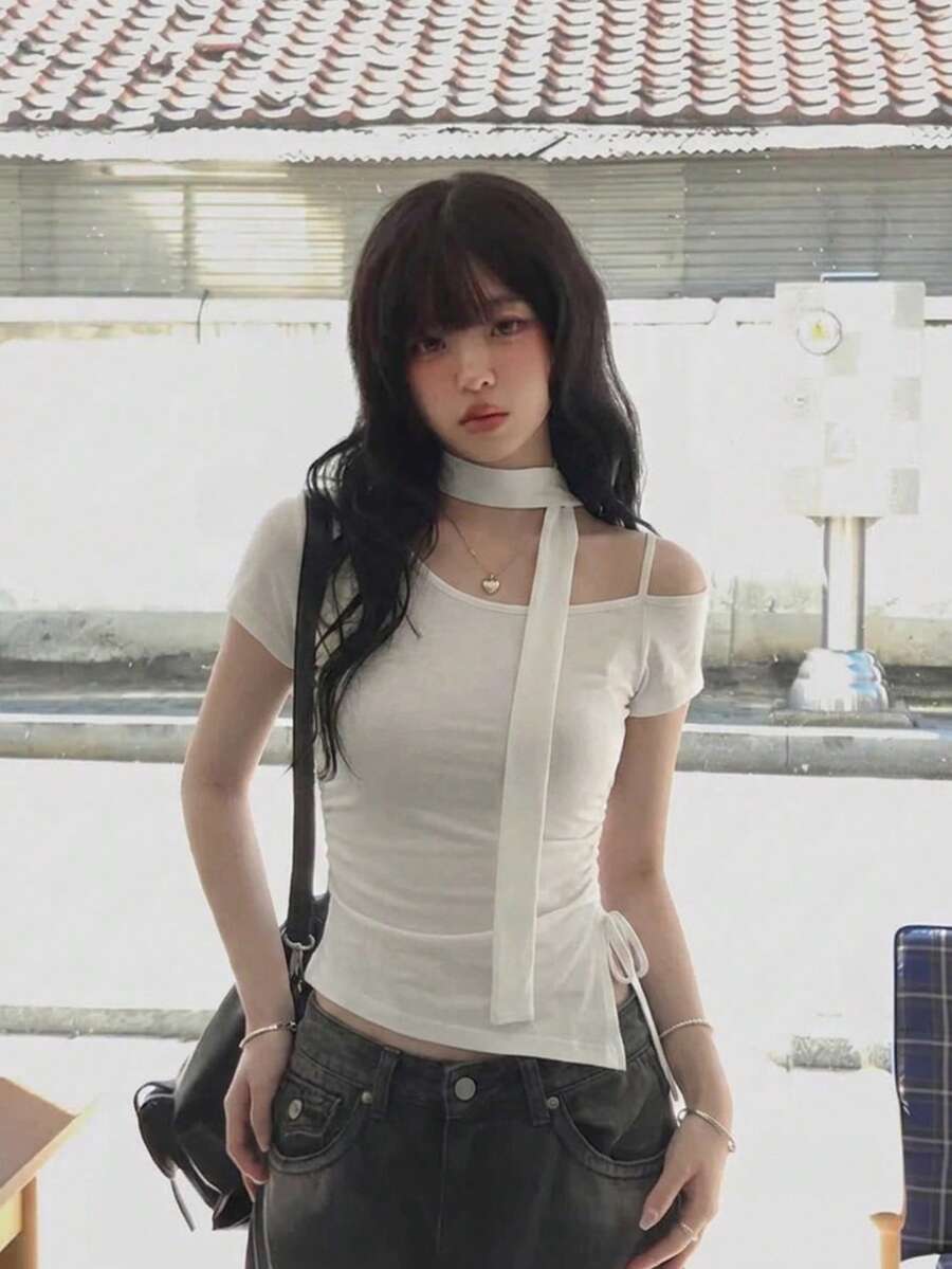 YCYC 春夏設計女款不對稱袖口綁帶短袖T恤(附綁帶)休閒白色 - 白色 - 查看 1