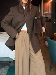 SMILE CHIC 女款復古休閒日常通勤百搭單扣V領假口袋人字紋粗花呢內裡西裝外套 - 棕色 - 查看 1