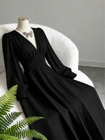 Fashion Long Sleeve Deep V-Neck Long Woven Fabric Dress, Elegant A-Line Skirt, Suitable For Party Or Formal Occasions, Black