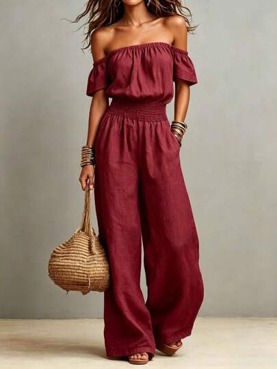 Women's Navy Off Shoulder Wide Leg Jumpsuit, Smocked Waist Short Sleeve Pockets, Linen-Like Boho Summer Outfit For Beach & Daily Casual Wear