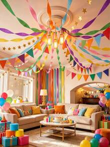Rainbow Party Decoration Set, Includes Colorful Crepe Paper Banner, Gold Star Garland Backdrop And Flags, Suitable For Wedding Party, Luxury Birthday Party Hanging Decoration - Multicolor - View 6