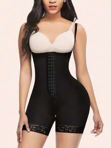 Levantador de glúteos y fajas para mujer, top ajustado de compresión post parto con cremallera en la entrepierna, leggings de compresión con encaje, control de abdomen - Negro - Ver 8