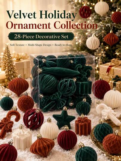 28 piezas de bolas colgantes de Navidad de varios tamaños con efecto aterciopelado (4cm/5cm/6cm/7cm/8cm/12cm/14cm/15cm Juego Completo), adecuadas para decoración de árbol de Navidad, fondo de chimenea, exhibición de escaparate de tienda, decoración de boda, decoración de techo de fiesta. Tela aterciopelada resistente al desprendimiento y desvanecimiento, bolas huecas, estrellas, cajas de regalo con forma de bastón de caramelo en varias formas, colgante y duradero