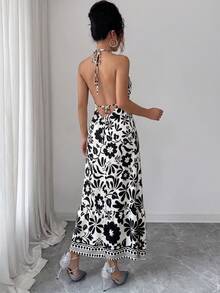 Women's Fashion Elegant French Style Spaghetti Strap V-Neck Tie Back Open Back Ditsy Floral Dress - Black - View 2