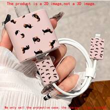 4pcs 2D Flat Design Dachshund Pattern Phone Charger Head Protection Set Pink, Charger Head Protector + Cable Protector + Storage Rope (Protective Case Only. Charger Not Included), Compatible With IPhone 20W/18W Charger - Multicolor - View 4
