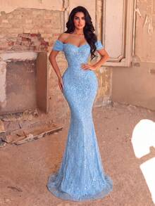 Faeriesty Elegant And Luxurious Off-Shoulder Pearl Embellished Mermaid Style Evening Gown With Floor-Length Train Fall - Baby Blue - View 2