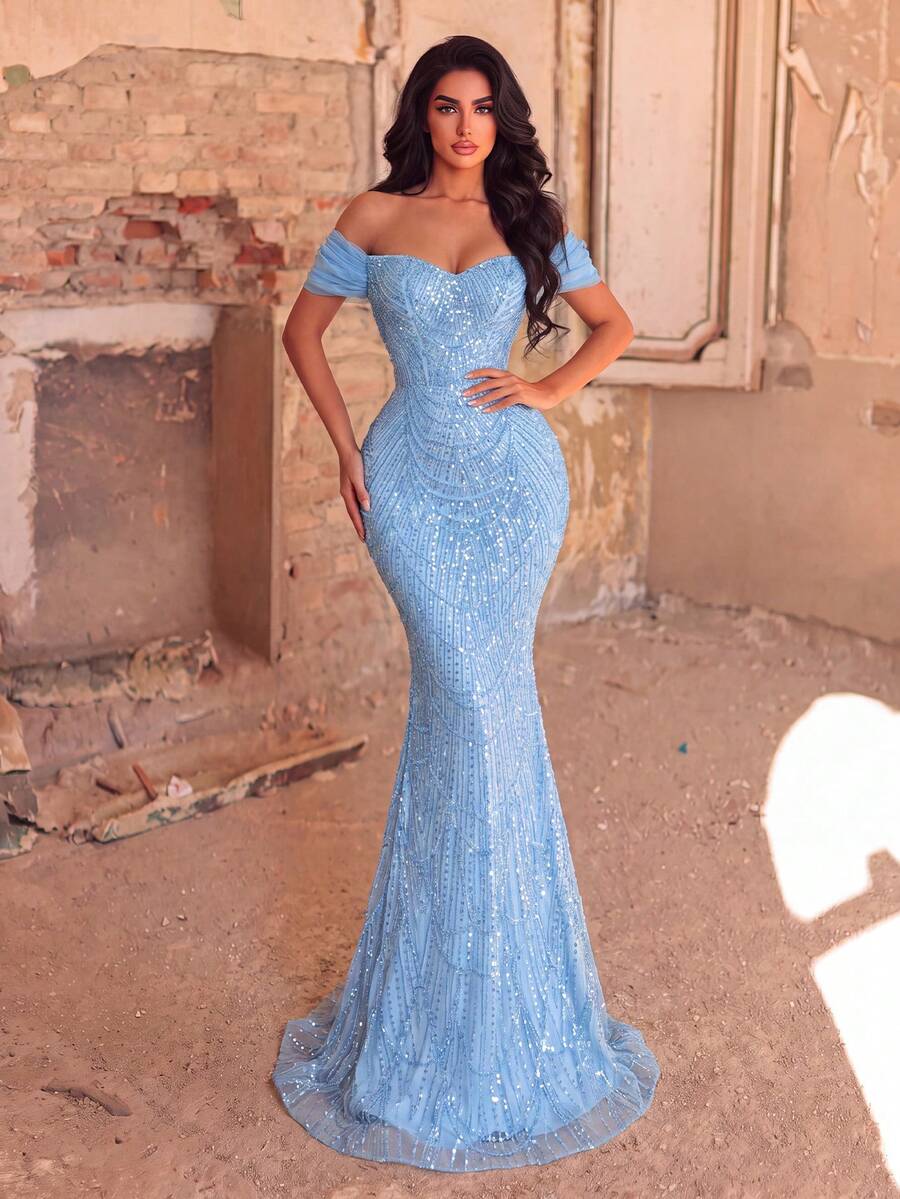 Faeriesty Elegant And Luxurious Off-Shoulder Pearl Embellished Mermaid Style Evening Gown With Floor-Length Train Fall