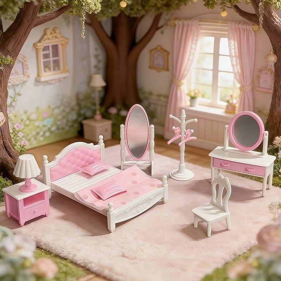 Set Model Furnitur Kamar Tidur Mini Warna Pink & Putih, Termasuk Tempat Tidur Mini, Meja Rias dengan Cermin, Gantungan Baju, Kursi, Meja Nakas, Lampu Meja, Cermin Panjang, Koleksi Hiasan Dekoratif Tampilan Pemandangan Lanskap 3D - MultiWarna - View 1